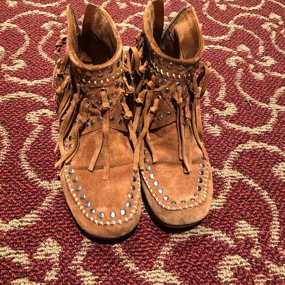 Ash suede fringe booties with hidden wedge